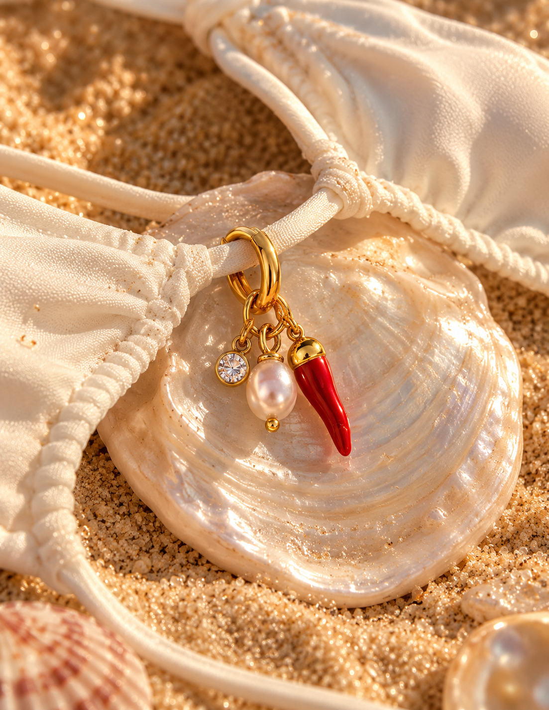 Charm Piment Péi – piment rouge, perle et strass sur un bikini blanc posé dans un coquillage nacré