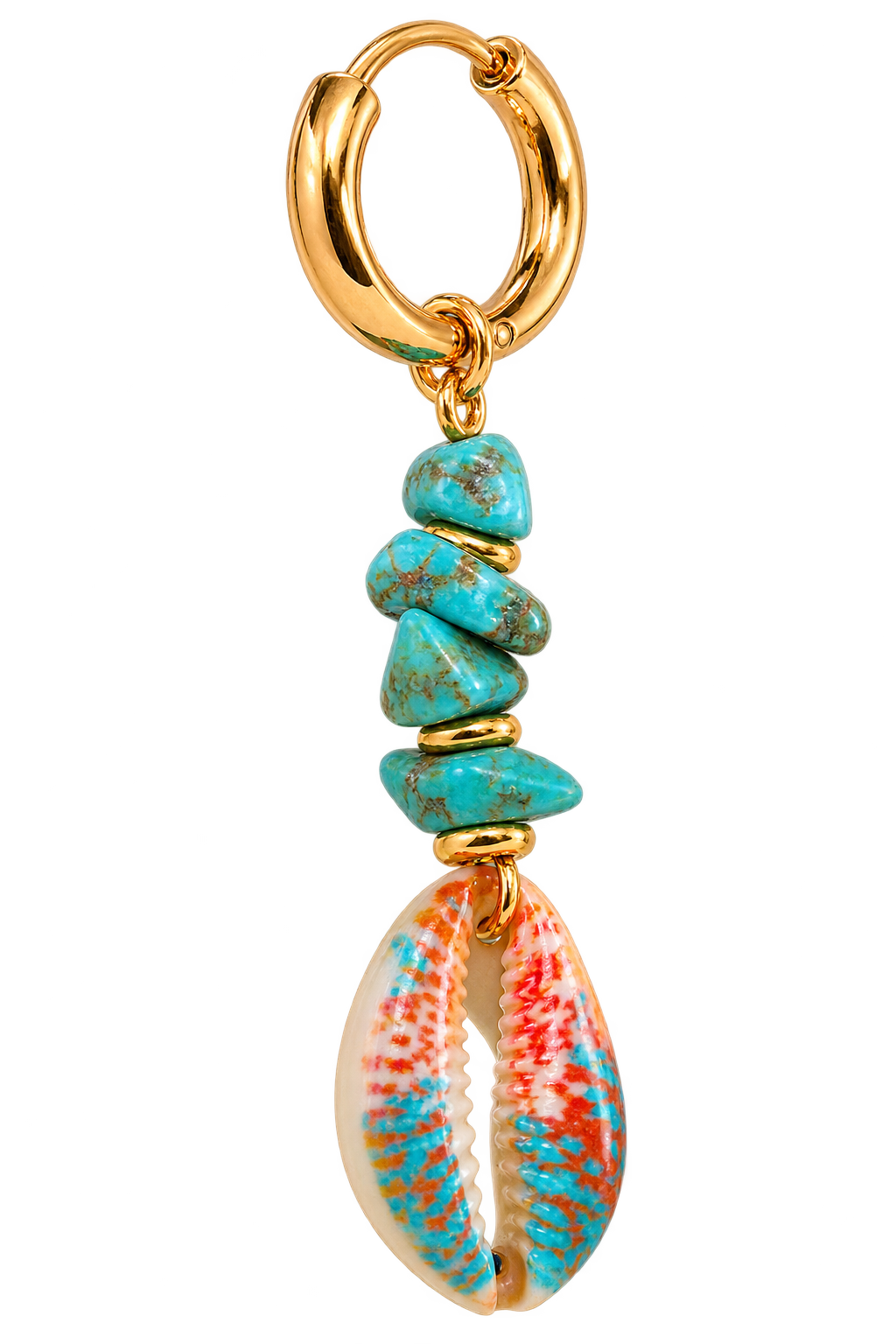 Charm Coquillage Lagon bleu – pierres turquoise et cauri peint sur anneau doré