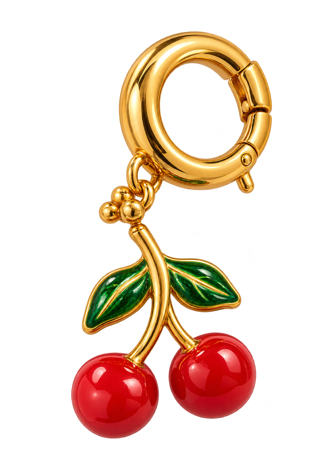 Charm Cerise – cerises rouges et feuilles vertes sur anneau doré