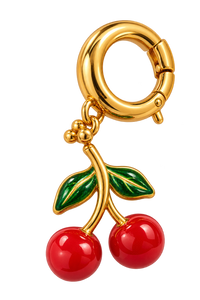 Charm Cerise – cerises rouges et feuilles vertes sur anneau doré