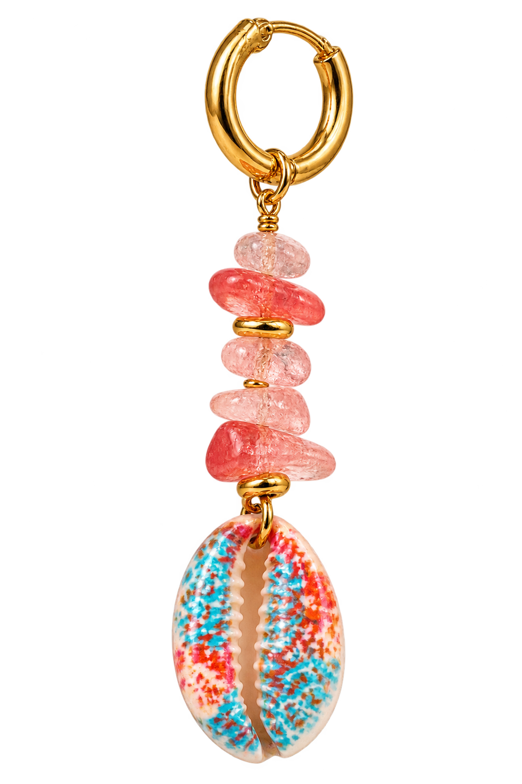 Charm Coquillage Lagon rose – quartz rose et cauri peint sur anneau doré