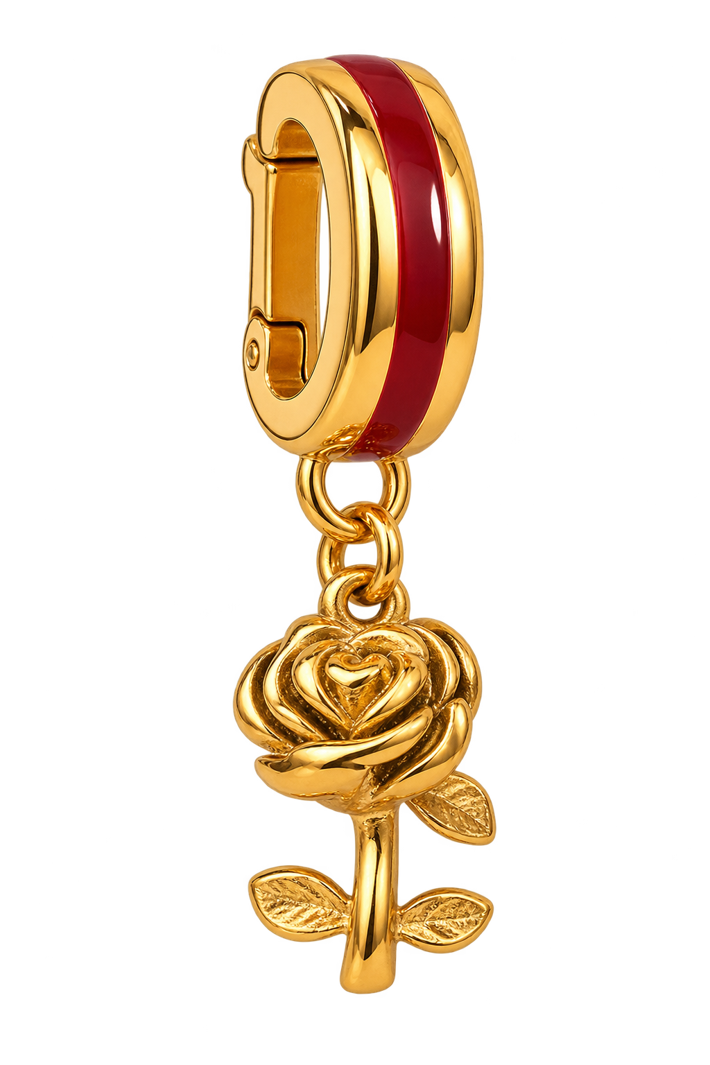 Charm Rose d'Or – rose dorée sur anneau d'attache doré ligné de rouge