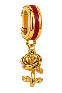 Charm Rose d'Or – rose dorée sur anneau d'attache doré ligné de rouge